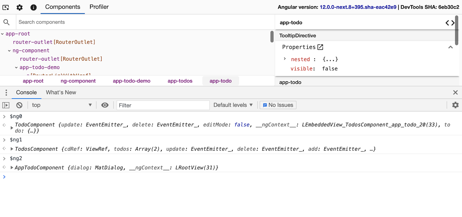 A screenshot of the 'Components' tab with the browser console underneath. In the console, the user has typed three commands, `$ng0`, `$ng1`, and `$ng2` to view the three most recently selected elements. After each statement, the console prints a different component reference.