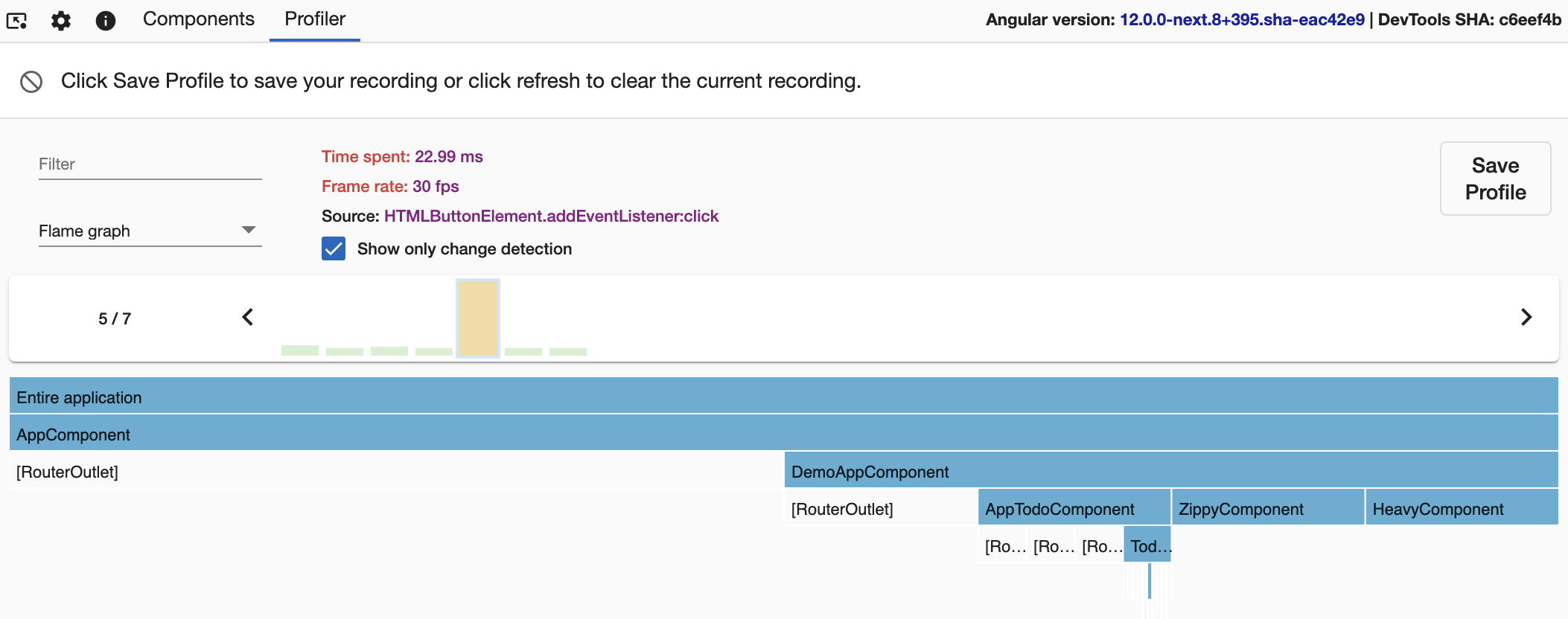 A screenshot of the 'Profiler' tab displaying a flame chart visualization of a change detection cycle. A checkbox labeled 'Show only change detection' is now checked. The flame graph looks very similar to before, however the color of components has changed from orange to blue. Several tiles labeled `[RouterOutlet]` are no longer highlighted with any color.