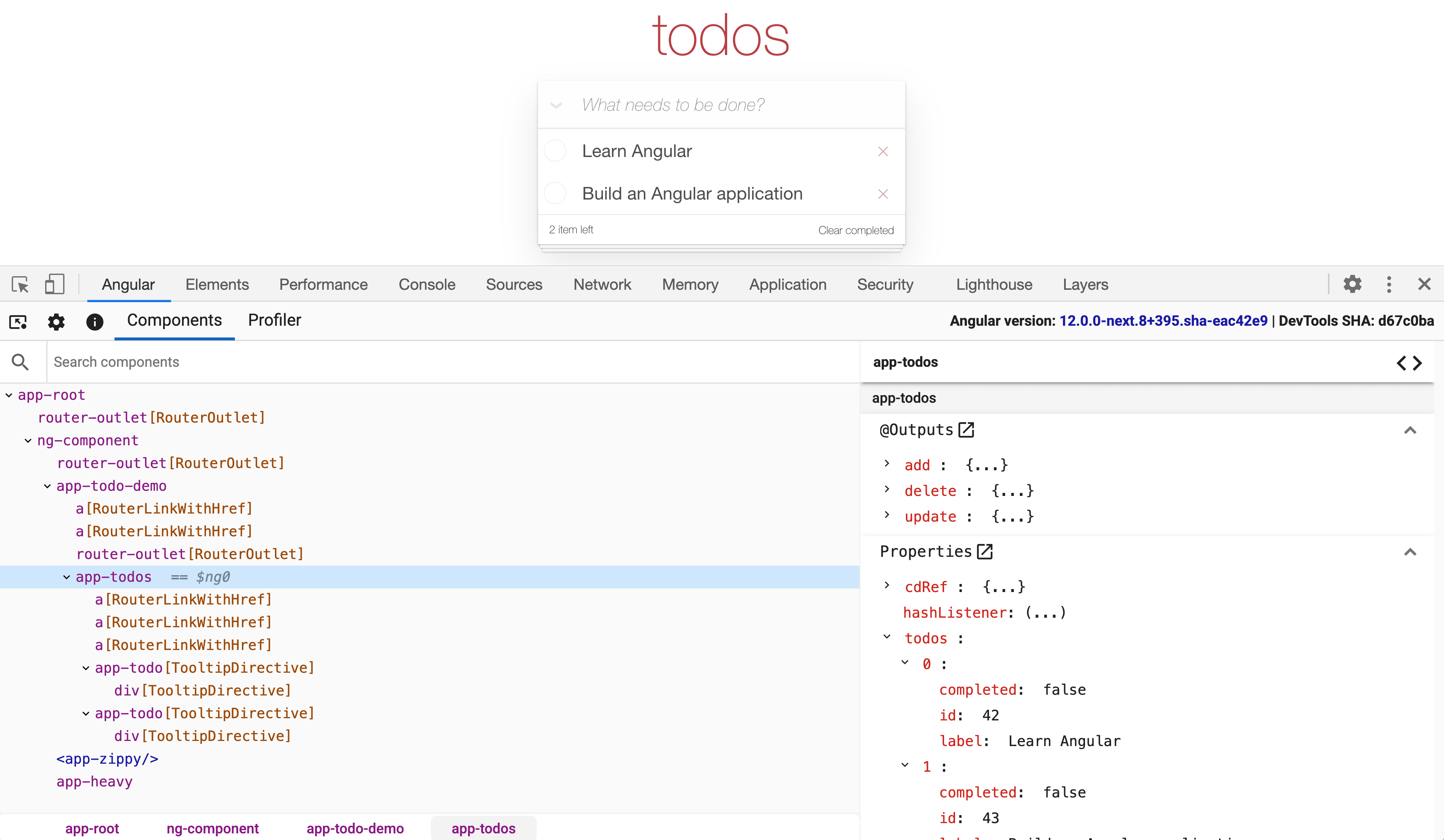 An overview of Angular DevTools showing a tree of components for an application.