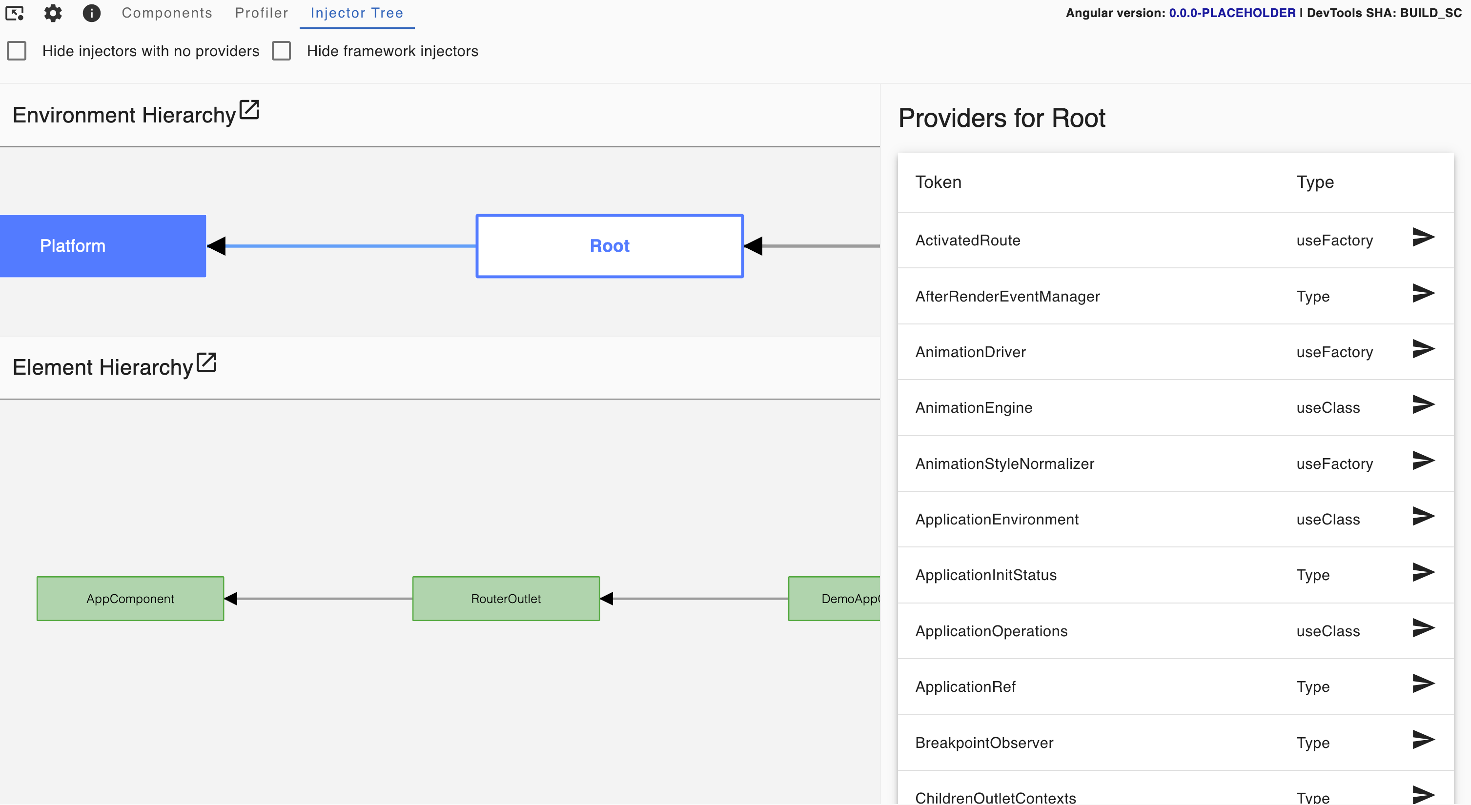 A screenshot of the 'Profiler' tab displaying how providers are made visible when an injector is selected.