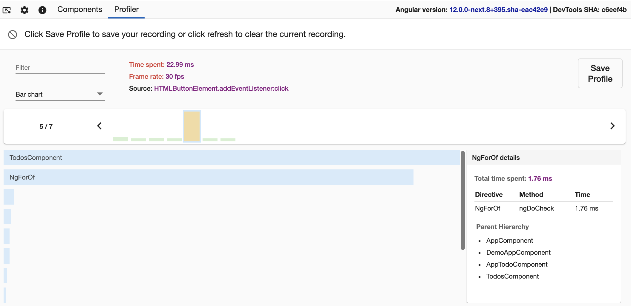 A screenshot of the 'Profiler' tab where the `NgForOf` bar is selected. A detailed view of `NgForOf` is visible to the right where it lists 'Total time spent: 1.76 ms'. It includes a with exactly one row, listing `NgForOf` as a directives with an `ngDoCheck` method which took 1.76 ms. It also includes a list labeled 'Parent Hierarchy' containing the parent components of this directive.